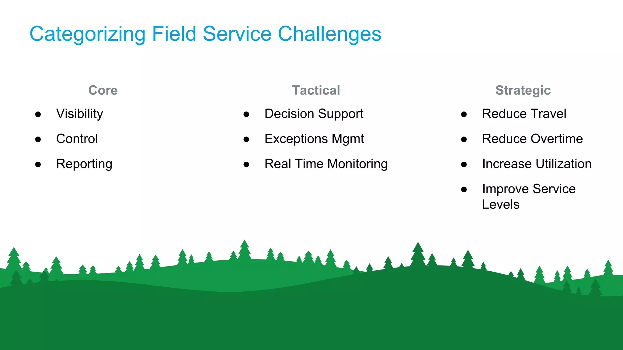 Categorizing Field Service Challenges
Core
● Visibility
● Control
● Reporting
Tactical
● Decision Support
● Exceptions Mgmt
● Real Time Monitoring
Strategic
● Reduce Travel
● Reduce Overtime
● Increase Utilization
● Improve Service
Levels
 