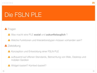 25




Die FSLN PLE

 Fragen

    Was macht eine PLE sozial und zukunftstauglich ?

    Welche Funktionen und Interaktionstypen müssen vorhanden sein?

 Zielstellung

    Konzeption und Entwicklung einer FSLN PLE

    aufbauend auf offenen Standards, Betrachtung von Web, Desktop und
    mobilen Geräten

    Widget-basiert? Kontext-basiert?
 
