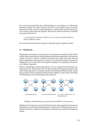 Ein soziales Netzwerk besteht also im Wesentlichen aus einer Menge von in Beziehung
stehenden Akteuren. Ein Akteur kann f¨ r eine Person, eine Gruppe oder gar eine ganze
                                       u
Organisation stehen. Auch ein computergesteuertes, automatisiertes System kann als Ak-
teur in einem sozialen Netzwerk fungieren. Wassermann und Faust deﬁnieren in [WFI94]
ein soziales Netzwerk als:

        A social network consists of a ﬁnite set or sets of actors and the relation or
       ”
      relations deﬁned on them.“

Ein soziales Netzwerk kann demzufolge als relationales System aufgefasst werden.



2.2   Modellierung

Graphentheoretisch k¨ nnen soziale Netzwerke als Soziogramme modelliert werden. Dabei
                      o
werden Akteure durch Knoten und Beziehungen durch Kanten repr¨ sentiert. Soziogramme
                                                               a
wurden von Jacob L. Moreno in [Mor34] vorgestellt und werden auch heute noch mit
ihren dazugeh¨ rigen Soziomatrizen zur Analyse von sozialen Netzwerken verwendet. In
                o
Abbildung 2(a) ist ein Netzwerk als Soziogramm modelliert. Die zugeh¨ rige Soziomatrix
                                                                    o
ist in Tabelle 1 dargestellt.
Reﬂexive Verbindungen werden ausgeschlossen, da sie in sozialen Netzwerken keine Aus-
sagekraft besitzen. Weiterhin gilt, dass die Werte entlang der Diagonalen gespiegelt sind,
da der Graph ungerichtet ist. Zu jedem sozialen Netzwerk k¨ nnen Hilfsnetzwerke, welche
                                                            o
¨
uber gerichtete Kanten unidirektionale Beziehungen abbilden, erstellt werden. Die St¨ rke
                                                                                      a
einer Beziehung wird durch Kantengewichte speziﬁziert.


                                                                                  2
        A                 B          A                 B              A                   B


                                                                  5       8   5       1


        C                 D          C                 D              C                   D



        (a) Personennetzwerk      (b) Soziales Hilfsnetzwerk   (c) Soziales Hilfsnetzwerk mit
                                                               Kantengewichten



       Abbildung 2: Modellierung eines sozialen Netzwerks mit Hilfe von Soziogrammen

Modelliert das Soziogramm ein Freundschaftsnetzwerk, dann entsprechen die Kanten in
Abbildung 2(a) den Freundschaftsbeziehungen im Netzwerk. Die Hilfsnetzwerke aus Ab-
bildung 2(b) und 2(c) werden zur Anwendung von Metriken der sozialen Netzwerkanalyse
genutzt.




                                                                                                123
 