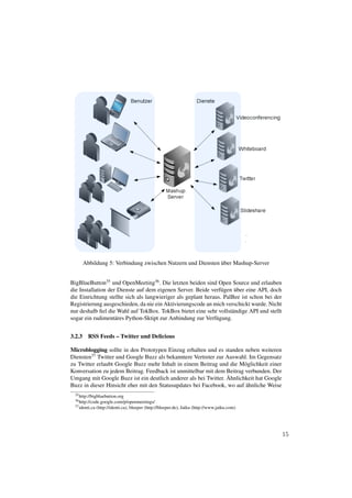 ¨
        Abbildung 5: Verbindung zwischen Nutzern und Diensten uber Mashup-Server


BigBlueButton35 und OpenMeeting36 . Die letzten beiden sind Open Source und erlauben
                                                                      ¨
die Installation der Dienste auf dem eigenen Server. Beide verf¨ gen uber eine API, doch
                                                                u
die Einrichtung stellte sich als langwieriger als geplant heraus. PalBee ist schon bei der
Registrierung ausgeschieden, da nie ein Aktivierungscode an mich verschickt wurde. Nicht
nur deshalb ﬁel die Wahl auf TokBox. TokBox bietet eine sehr vollst¨ ndige API und stellt
                                                                     a
sogar ein rudiment¨ res Python-Sktipt zur Anbindung zur Verf¨ gung.
                    a                                         u


3.2.3     RSS Feeds – Twitter und Delicious

Microblogging sollte in den Prototypen Einzug erhalten und es standen neben weiteren
Diensten37 Twitter und Google Buzz als bekanntere Vertreter zur Auswahl. Im Gegensatz
zu Twitter erlaubt Google Buzz mehr Inhalt in einem Beitrag und die M¨ glichkeit einer
                                                                        o
Konversation zu jedem Beitrag. Feedback ist unmittelbar mit dem Beitrag verbunden. Der
                                                                 ¨
Umgang mit Google Buzz ist ein deutlich anderer als bei Twitter. Ahnlichkeit hat Google
                                                                         ¨
Buzz in dieser Hinsicht eher mit den Statusupdates bei Facebook, wo auf ahnliche Weise
 35 http://bigbluebutton.org
 36 http://code.google.com/p/openmeetings/
 37 identi.ca   (http://identi.ca), bleeper (http://bleeper.de), Jaiku (http://www.jaiku.com)




                                                                                                15
 