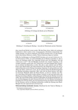 (a) Nutzerrechte                            (b) Gruppenrechte

                     Abbildung 10: Festlegen der Rechte auf ein Whitebord




                        (a) Videochat                             (b) Whiteboard

 Abbildung 11: Erstellung des Mashups - Auswahl des Whiteboards und des Videochats


diese sinnvoll und ﬂexibel vereint werden. Mit dem Fokus dieser Arbeit auf synchronen
kollaborativer Arbeit wurden in den vorangegangenen Abschnitten entsprechende Vor-
schl¨ ge gemacht, wie diverse Funktionen zum Einsatz kommen und so in ihrer Kombi-
    a
nation einen h¨ heren Mehrwert schaffen. Weitere Funktionen folgen im Ausblick.
              o
CVE. Die Ausf¨ hrungen von Portugal [PGF07] beziehen sich zwar auf Collaborative Vir-
                 u
tual Environments (CVE), was nicht unmittelbar auf ein Mashup zu beziehen ist, aber es
lassen sich Analogien ziehen. Das vorgestellte System nutzt zwei Metaphern: hall und
collaboration room56 .57 Die hall-Metapher beschreibt eine virtuelle Umgebung, in der
zwanglos interagiert werden kann. Ein collaboration room dient hingegen dazu, gemein-
sam zu arbeiten und Materialien zu teilen. Hier gibt es unter anderem auch ein White-
board, einen Shared Editor und Videoconferencing. Die Funktionen lassen sich auch in
weiteren Bereichen mit der Mashup-Anwendung vergleichen. Es gibt geschlossene, halb-
offene und offene collaboration rooms, die im weitesten Sinne dem Rechtemanagement
der Mashup-Anwendung entsprechen: Offen: jeder darf den Raum betreten, halb offen:
nur bestimmte Mitglieder d¨ rfen den Raum betreten, geschlossen: bedeutet, dass Nut-
                             u
zer in dem Raum nicht gest¨ rt werden m¨ chten. Letzteres ist und wird auch nicht in die
                             o            o
Mashup-Anwendung einﬂießen, da Berechtigungen auf Elemente des Mashups ausreichen
                                               ¨
sollten. Die ersten beiden Punkte sind bereits ubertragbar auf das Rechtemanagement, nur
dass die Berechtigungen f¨ r jedes Element deﬁnierbar sind. Die Mashup Anwendung hat
                           u
gegen¨ ber der CVE den Vorteil, dass die Zusammensetzung eines Raums nicht festgelegt
      u
ist. Die Elemente sind frei im Mashup kombinierbar, weshalb die Nutzung einer Raum-
Metapher hier eher unpassend und verwirrend w¨ re.
                                                 a
Weiterentwicklung bestehender Systeme. Blackboard hat den Trend zu Mashups er-
 56 Im   folgenden auch Raum genannt
 57 Eine   vergleichbare Metapher kommt bei [Ham01] zum Einsatz




                                                                                           25
 