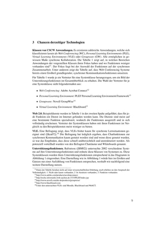 3    Chancen derzeitiger Technologien

Klassen von CSCW Anwendungen. Es existieren zahlreiche Anwendungen, welche sich
klassiﬁzieren lassen als Web Conferencing (WC), Personal Learning Environments (PLE),
Virtual Learning Environments (VLE) oder Groupware (GW). Alle erm¨ glichen in ge-
                                                                       o
wissem Maße synchrone Kollaboration. Die Tabelle 1 zeigt auf, in welchen Bereichen
Anwendungen der vorgestellten Klassen ihren Fokus haben und wo Funktionen weniger
vorhanden sind11 . Der Fokus liegt bei der Auswahl der Funktionen auf der synchronen
Zusammenarbeit. Unter anderem zeigt die Tabelle auf, dass Web Conferencing Systeme
bereits einen Großteil grundlegender, synchroner Kommunikationsfunktionen umsetzen.
F¨ r Tabelle 1 wurde je ein Vertreter f¨ r eine Systemklasse herangezogen, um ein Bild der
 u                                     u
Unterst¨ tzungsfunktionen im Gesamt¨ berblick zu erhalten. Die Wahl der Vertreter f¨ r je
        u                              u                                             u
eine Systemklasse sieht folgendermaßen aus:

    • Web Conferencing: Adobe Acrobat Connect12
    • Personal Learning Environment: PLEF Personal Learning Environment Framework13

    • Groupware: Novell GroupWise14
    • Virtual Learning Environment: Blackboard15

Web 2.0. Beispieldienste werden in Tabelle 1 in der zweiten Spalte aufgef¨ hrt, dass f¨ r je-
                                                                         u            u
de Funktion ein Dienst im Internet gefunden werden kann. Die Dienste sind meist auf
eine bestimmte Funktion spezialisiert, wodurch die Funktionen ausgereift und in sich
vollst¨ ndig erscheinen. Vertreter der Systemklassen haben mit ihren Funktionen im Ver-
      a
gleich zu den Beispieldiensten meist weniger zu bieten.
VLE. Eine Befragung zeigt, dass VLEs bisher kaum f¨ r synchrone Lernsituationen ge-
                                                       u
eignet sind ([Kea07]).18 Die Befragung hat lediglich ergeben, dass Chatfunktionen zur
synchronen Kommunikation kaum genutzt worden sind und wenn diese genutzt wurden,
so war das Empﬁnden, dass diese schnell un¨ bersichtlich und unstrukturiert werden. Als
                                            u
potenziell vorteilhaft wurden von den Befragten Chatr¨ ume und Whiteboards genannt.
                                                     a
        ¨
Unterstutzungsfunktionen. Bafoutsou ([BM02]) untersuchte 2002 verschiedene Syste-
me auf ihre Unterst¨ tzungsfunktionen und ordnete diese Klassen von Systemen zu. Diese
                   u
Systemklassen wurden ihren Unterst¨ tzungsfunktionen entsprechend in das Diagramm in
                                    u
Abbildung 1 eingeordnet. Eine Darstellung wie in Abbildung 1 w¨ rde hier im Großen und
                                                               u
Ganzen nur einer Aufz¨ hlung von Funktionen entsprechen, weshalb wir nachfolgend eine
                       a
weitere Darstellung nutzen.
  11 Daten der Tabelle beruhen nicht auf einer wissenschaftlichen Erhebung, noch erheben sie den Anspruch der

Vollst¨ ndigkeit. 1: Nicht oder kaum vorhanden, 2: In Ans¨ tzen vorhanden, 3: Funktion vorhanden.
      a                                                  a
  12 http://www.adobe.com/products/acrobatconnect
  13 http://eiche.informatik.rwth-aachen.de:3333/PLEF/index.jsp
  14 http://www.novell.com/de-de/products/groupwise/
  15 http://www.blackboard.com
  18 Unter den untersuchten VLEs sind Moodle, Blackboard und WebCT.




                                                                                                                9
 