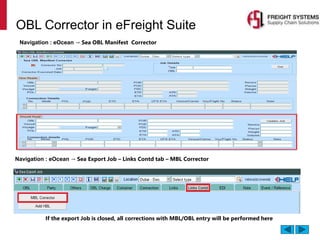OBL Corrector in eFreight Suite
Navigation : eOcean → Sea OBL Manifest Corrector
Navigation : eOcean → Sea Export Job – Links Contd tab – MBL Corrector
If the export Job is closed, all corrections with MBL/OBL entry will be performed here
 