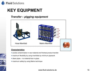 KEY EQUIPMENT
 Transfer – pigging equipment




     Hose Manifold                          Matrix Manifold


 Characteristics
  avoids contamination in raw material and finished product transfer
  maximum flexibility by using manifolds by minimum pipework
  clean pipes – no material loss in pipes
  maximum safety by using Matrix technique




                                       www.fluid-solutions.de          16
 