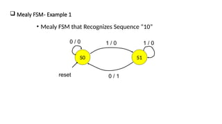 Mealy FSM- Example 1
• Mealy FSM that Recognizes Sequence “10”
S0 S1
0 / 0 1 / 0 1 / 0
0 / 1
reset
 