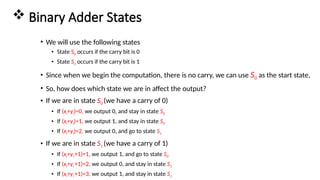  Binary Adder States
• We will use the following states
• State S0 occurs if the carry bit is 0
• State S1 occurs if the carry bit is 1
• Since when we begin the computation, there is no carry, we can use S0 as the start state,
• So, how does which state we are in affect the output?
• If we are in state S0 (we have a carry of 0)
• If (xi+yi)=0, we output 0, and stay in state S0
• If (xi+yi)=1, we output 1, and stay in state S0
• If (xi+yi)=2, we output 0, and go to state S1
• If we are in state S1 (we have a carry of 1)
• If (xi+yi +1)=1, we output 1, and go to state S0
• If (xi+yi +1)=2, we output 0, and stay in state S1
• If (xi+yi +1)=3, we output 1, and stay in state S1
 