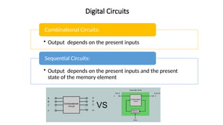 Digital Circuits
• Output depends on the present inputs
Combinational Circuits:
• Output depends on the present inputs and the present
state of the memory element
Sequential Circuits:
 