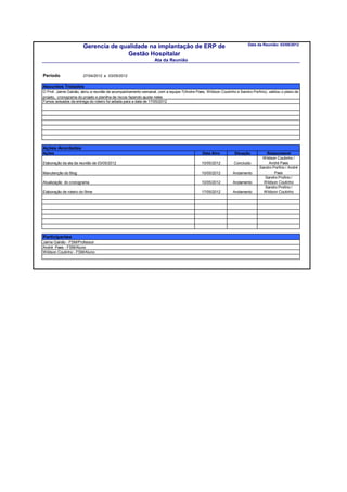 Data da Reunião: 03/05/2012
                        Gerencia de qualidade na implantação de ERP de
                                      Gestão Hospitalar
                                                                Ata da Reunião


Período                 27/04/2012 a 03/05/2012

Assuntos Tratados
O Prof. Jaime Galvão, abriu a reunião de acompanhamento semanal, com a equipe 7(Andre Paes, Wildson Coutinho e Sandro Porfirio), validou o plano de
projeto, cronograma do projeto e planilha de riscos fazendo ajuste neles
Fomos avisados da entrega do roteiro foi adiada para a data de 17/05/2012




Ações Acordadas
Ações                                                                                      Data Alvo          Situação          Responsável
                                                                                                                             Wildson Coutinho /
Elaboração da ata da reunião de 03/05/2012                                                 10/05/2012        Concluido           André Paes
                                                                                                                            Sandro Porfirio / André
Manutenção do Blog                                                                         10/05/2012        Andamento              Paes
                                                                                                                               Sandro Profirio /
Atualização do cronograma                                                                  10/05/2012        Andamento        Wildson Coutinho
                                                                                                                               Sandro Profirio /
Elaboração de roteiro do filme                                                             17/05/2012        Andamento        Wildson Coutinho




Participantes
Jaime Galvão - FSM/Professor
André Paes - FSM/Aluno
Wildson Coutinho - FSM/Aluno
 