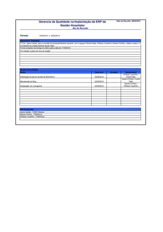 Data da Reunião: 26/04/2012
                        Gerencia de Qualidade na Implantação de ERP de
                                      Gestão Hospitalar
                                                                Ata da Reunião


Período                 19/04/2012 a 26/04/2012

Assuntos Tratados
O Prof. Jaime Galvão, abriu a reunião de acompanhamento semanal, com a equipe 7(Andre Paes, Wildson Coutinho e Sandro Porfirio), validou o plano e
cronograma do projeto fazendo ajuste neles
Fomos avisados da entrega do roteiro para a data de 11/05/2012
Foi cobrado o plano de risco do projeto




Ações Acordadas
Ações                                                                                      Data Alvo         Situação           Responsável
                                                                                                                             Wildson Coutinho /
Elaboração da ata da reunião de 26/04/2012                                                 03/05/2012                            André Paes
                                                                                                                            Sandro Porfirio / Andre
Manutenção do Blog                                                                         03/05/2012                               Paes
                                                                                                                               Sandro Profirio /
Atualização do cronograma                                                                  03/05/2012                         Wildson Coutinho




Participantes
Jaime Galvão - FSM/Professor
Sandro Porfirio - FSM/Aluno
Wildson Coutinho - FSM/Aluno
 