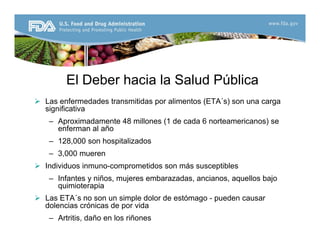 El D b h i l S l d Públi
El Deber hacia la Salud Pública
¾ Las enfermedades transmitidas por alimentos (ETA´s) son una carga
significativa
significativa
– Aproximadamente 48 millones (1 de cada 6 norteamericanos) se
enferman al año
128 000 h it li d
– 128,000 son hospitalizados
– 3,000 mueren
¾ Individuos inmuno-comprometidos son más susceptibles
– Infantes y niños, mujeres embarazadas, ancianos, aquellos bajo
quimioterapia
¾ Las ETA´s no son un simple dolor de estómago - pueden causar
p g p
dolencias crónicas de por vida
– Artritis, daño en los riñones
 