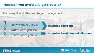 Know what you make
Watch what you say
Control what you do
1
2
3
How can you avoid allergen recalls?
The three pillars of effective allergen management:
Intended allergens
Intended & unintended allergens
 
