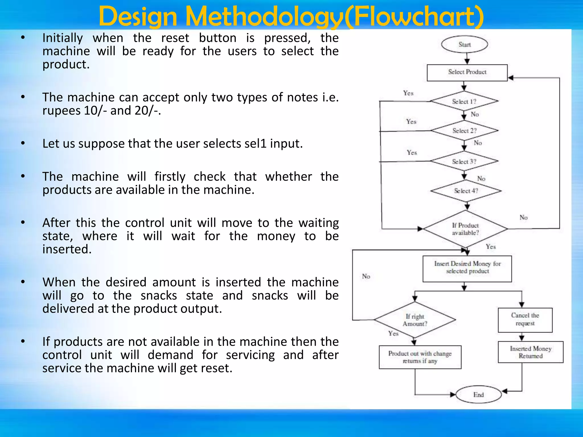 Design Methodology(Flowchart)

•

Initially when the reset button is pressed, the
machine will be ready for the users to select the
product.

•

The machine can accept only two types of notes i.e.
rupees 10/- and 20/-.

•

Let us suppose that the user selects sel1 input.

•

The machine will firstly check that whether the
products are available in the machine.

•

After this the control unit will move to the waiting
state, where it will wait for the money to be
inserted.

•

When the desired amount is inserted the machine
will go to the snacks state and snacks will be
delivered at the product output.

•

If products are not available in the machine then the
control unit will demand for servicing and after
service the machine will get reset.

 