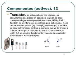 13
Componentes (activos). 12
 Transistor, se obtiene al unir tres cristales, es
equivalente a dos diodos en oposición, la unión de esos
cristales da lugar a dos tipos de transistores, NPN y PNP.
También es un interruptor electrónico, pero gobernable. Tiene
tres terminales, emisor (N), base (P) y colector (N) si es NPN.
La base del transistor controla la corriente que va de emisor a
colector. Para que el transistor funcione correctamente, la
unión B-E se polariza directamente y la unión base colector
inversamente. Hay varios tipos.
 