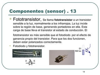 14
Componentes (sensor) . 13
 Fototransistor, Se llama fototransistor a un transistor
sensible a la luz, normalmente a los infrarrojos. La luz incide
sobre la región de base, generando portadores en ella. Esta
carga de base lleva el transistor al estado de conducción. El
fototransistor es más sensible que el fotodiodo por el efecto de
ganancia propio del transistor. Para que los dos funcionen,
deben estar polarizados correctamente.
 Fotodiodo y fototransistor.
 