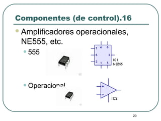 20
Componentes (de control).16
Amplificadores operacionales,
NE555, etc.
•555
•Operacional
 