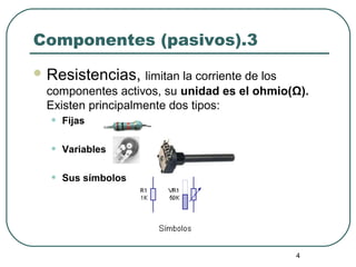 4
Componentes (pasivos).3
 Resistencias, limitan la corriente de los
componentes activos, su unidad es el ohmio(Ω).
Existen principalmente dos tipos:
• Fijas
• Variables
• Sus símbolos
 