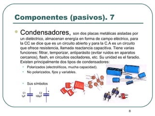 8
Componentes (pasivos). 7
 Condensadores, son dos placas metálicas aisladas por
un dieléctrico, almacenan energía en forma de campo eléctrico, para
la CC se dice que es un circuito abierto y para la C.A es un circuito
que ofrece resistencia, llamada reactancia capacitiva. Tiene varias
funciones: filtrar, temporizar, antiparásito (evitar ruidos en aparatos
cercanos), flash, en circuitos osciladores, etc. Su unidad es el faradio.
Existen principalmente dos tipos de condensadores:
• Polarizados (electrolíticos, mucha capacidad).
• No polarizados, fijos y variables.
• Sus símbolos
 