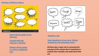 Meaning of different callouts
Speech-Words spoken by the
character.
Thought-What the
character is thinking.
Whisper-Words spoken
in a soft or confidential
tone
Telephone, duh.
Shout-Speaking in a loud voice. (Mostly
indicated by the exclamation mark !
All these play a huge role in conveying the
message of the cartoon thus it important to
analyze them carefully and understand their
use.
 