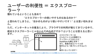 ユーザーの利便性 ＝ エクスプロー
ラー？
慣れているということも含めて
”エクスプローラーの使いやすものはあるのか？“
と言われてしまうと、 “ほかのものがより使いやすいです！” とは言い切れませ
ん。
ただ、インターネットの普及により、ブラウザでの利用が増えてきている中で、
絶対エクスプローラーじゃないとだめなのですか？ということは言えると思い
ます。
SharePoint / OneDrive
参考情報
https://support.office.com/ja-jp/article/リストまたはライブラリに追加できないファイルの種類-30be234d-e551-4c2a-8de8-f8546ffbf5b3
フォルダ
ファイル
ドラッグ＆
ドロップでの
ファイルアップロー
ド
エクスプローラーは
どんなファイルの種類でも
アップロードできたけど…
SharePoint も同じです！
また、悪意のあるファイルの
動作なども一部ブロックするよう
な
動作になっています！
 