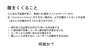 腹をくくること
とりあえず容量が多く、単純に右(既存ファイルサーバー)から
左（SharePoint Online）ができない場合は、以下の腹をくくることが必要
（ほとんどの場合がそうだと思うのですが…）
• 移行先には必要なものだけ/古いものは捨てる
• IT 側の移行作業 / ユーザー側の移行作業を分ける
• ユーザーからの問い合わせは発生する
• 難しいことは考えない（ユーザーへの親切すぎる対応）
何故か？
 