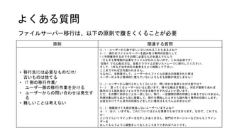 よくある質問
ファイルサーバー移行は、以下の原則で腹をくくることが必要
原則 関連する質問
• 移行先には必要なものだけ/
古いものは捨てる
• IT 側の移行作業/
ユーザー側の移行作業を分ける
• ユーザーからの問い合わせは発生す
る
• 難しいことは考えない
Q - 1 ：ユーザーから後でほしいといわれることもあるよね？
A - 1 ：現行のファイルサーバーを読み取り専用の状態にして
1-3 年間維持するのでその間に必要なものを選んでもらう
（そもそも管理側が必要なファイルがわからないので、これは必須です）
“回答A” でも心配の方は、全部クラウド上の安いストレージに移行してください。
そして、5年など法令対応の基準をもとに削除して下さい。
ここまでやれば文句言われません。
ちなみに、全部移行して、ユーザーからファイルの復元の依頼された時は
ユーザーがよほど具体的に覚えていないとそもそも依頼が成立しません！
Q - 2 : ユーザーから移行とかしたくないとか、問い合わせ負荷とかが大変では？
A – 2 ： 言ってくるユーザーはいると思います。様々な観点を考慮し、対応が面倒であれば
既存のゴミ箱状態のフォルダをそのまま移行をすればよいと思います。
ただ、その際に余計なことは一切しない。特に、一定期間の間の同期とか考えてはいけません。
同期対象は何も左から右に移動して、移行を開始したときから読み取り専用の状態にします。
お金をかけてでも双方向同期などをしたい場合はもちろん止めませんが…
Q - 3：期限設けても絶対実施しないユーザーいますよね？
Ａ - 3：はい。いますね。これについてはどんな業務でも当てはまります。なので、これでも
か！
というぐらいリマインダーを出すしかありません… 部門のマネージャーなどからもリマイン
ダーを
出してもらうように調整をしておくところまでできればベストです。
 