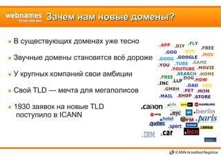 Зачем нам новые домены?Зачем нам новые домены?
● В существующих доменах уже тесно
● Звучные домены становятся всё дороже
● У крупных компаний свои амбиции
● Свой TLD — мечта для мегаполисов
● 1930 заявок на новые TLD
поступило в ICANN
 