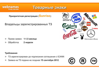 Товарные знакиТоварные знаки
Приоритетная регистрация (Sunrise):
Владельцы зарегистрированных ТЗ
► Прием заявок 1-1,5 месяца
► Обработка 2 недели
Требования
► ТЗ зарегистрирован до подписания соглашения с ICANN
► Заявка на ТЗ подана не позднее 15 сентября 2012
 