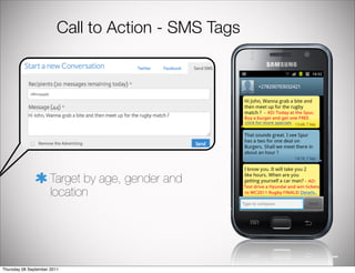 Call to Action - SMS Tags




                      Target by age, gender and
                      location




Thursday 08 September 2011
 
