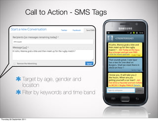 Call to Action - SMS Tags




                      Target by age, gender and
                      location
                      Filter by keywords and time band



Thursday 08 September 2011
 