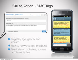 Call to Action - SMS Tags




                      Target by age, gender and
                      location
                      Filter by keywords and time band
                      Terminate on mobisites, surveys
                      or rich media ﬁles

Thursday 08 September 2011
 