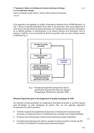 1er Symposium / Atelier sur la Politique de la Gestion des Boues de Vidange
9 -12 mai 2006 Dakar, Sénégal
Gestion des Matières Fécales Urbaines - Situation, Défis et Solutions Prometteuses
15.06.2006




Cette approche a été appliquée et validée à Ouahigouya (Burkina Faso), 65 000 habitants). La
Fig. 3 illustre le procédé participatif choisi dans ce cas particulier. Son succès dépend de la
motivation et du dynamisme des parties prenantes, de l’engagement des autorités municipales,
de la stabilité politique et institutionnelle, et du soutien continue d’un facilitateur. Pour le
passage à l’échelle, il est recommandé de diviser les grandes villes en zones urbaines comme
le démontre Fig. 4.



                                Identifier les parties
                                     prenantes




                                Analyse des parties
                                    prenantes

                                                                        Evaluation
                                                                         continue

                              Choisir l’approche et
                             méthodes de l’implication
                              des parties prenantes




                             Implémenter le processus
                               d’implication dans la
                              planification de la GBV




                        Fig. 3 Procédé participatif des protagonistes dans la
                               planification de gestion des boues de vidange à
                               Ouagadougou, Burkina Faso (Koanda, 2006)


Éléments importants pour le développement d’un plan stratégique de GBV

Les éléments suivants présentent les composantes principales de projets et activités requises
pour développer un plan stratégique de gestion basé sur une approche appropriée
d’implication des parties prenantes.

•     Volonté et capacité de la population de payer pour l’infrastructure d’assainissement
      autonome, la vidange des fosses et l’amélioration du voisinage et de l’hygiène publique.
•     Évaluation des infrastructures (assainissement autonome) actuels et planifiées. .
                                                                                                    7/12
•     Conception de technologies de collecte, transport et gestion actuelles et futures des BV
      sur la base d’installations d’assainissement autonome projetées.

                                                                                             8/13
 