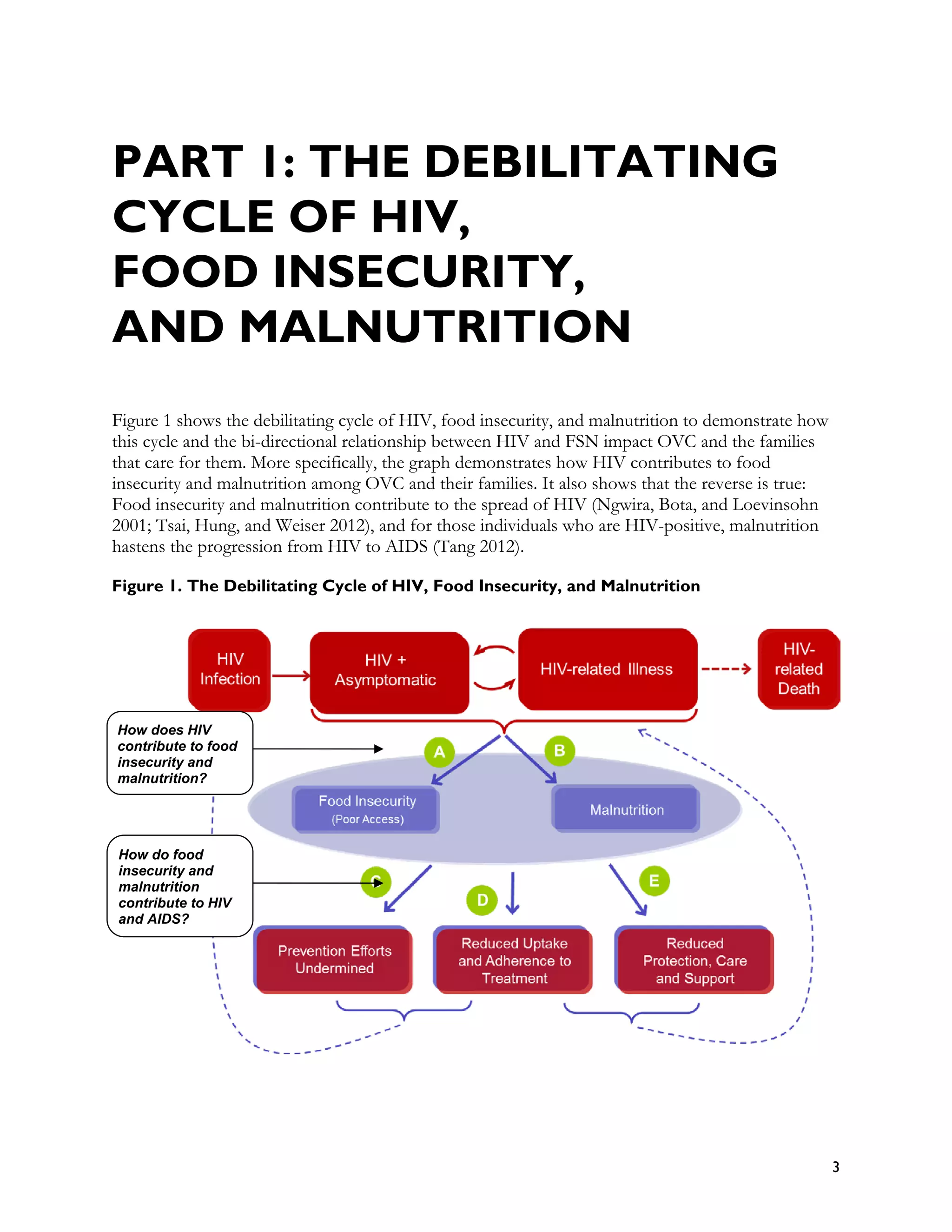 PART 1: THE DEBILITATING
CYCLE OF HIV,
FOOD INSECURITY,
AND MALNUTRITION
Figure 1 shows the debilitating cycle of HIV, food insecurity, and malnutrition to demonstrate how
this cycle and the bi-directional relationship between HIV and FSN impact OVC and the families
that care for them. More specifically, the graph demonstrates how HIV contributes to food
insecurity and malnutrition among OVC and their families. It also shows that the reverse is true:
Food insecurity and malnutrition contribute to the spread of HIV (Ngwira, Bota, and Loevinsohn
2001; Tsai, Hung, and Weiser 2012), and for those individuals who are HIV-positive, malnutrition
hastens the progression from HIV to AIDS (Tang 2012).

Figure 1. The Debilitating Cycle of HIV, Food Insecurity, and Malnutrition




How does HIV
contribute to food
insecurity and
malnutrition?




How do food
insecurity and
malnutrition
contribute to HIV
and AIDS?




                                                                                                     3
 
