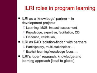 Open knowledge sharing to support learning in agricultural and livestock research for development projects