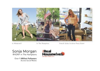 InTheHamptons FrenchSolesIn-storePressEventInWatermill
Over1MillionFollowers
AcrossSocialMedia
SonjaMorgan
RHONYinTheHamptons
 