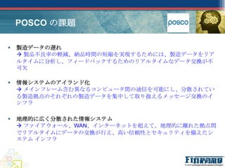 POSCO の課題

   製造データの遅れ
     製品不良率の軽減、納品時間の短縮を実現するためには、製造データをリア
    ルタイムに分析し、フィードバックするためのリアルタイムなデータ交換が不
    可欠

   情報システムのアイランド化
     メインフレーム含む異なるコンピュータ間の通信を可能にし、分散されてい
    る製造拠点のそれぞれの製造データを集中して取り扱えるメッセージ交換のイ
    ンフラ

   地理的に広く分散された情報システム
     ファイアウォール、WAN、インターネットを超えて、地理的に離れた拠点間
    でリアルタイムにデータの交換が行え、高い信頼性とセキュリティを備えたシ
    ステム インフラ
 