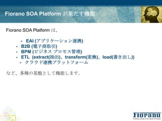 Fiorano SOA Platform が果たす機能

Fiorano SOA Platform は、

       - EAI (アプリケーション連携)
    - B2B (電子商取引)
    - BPM (ビジネス プロセス管理)
    - ETL (extract(抽出)、transform(変換)、load(書き出し))
      - クラウド連携プラットフォーム

など、多種の基盤として機能します。
 