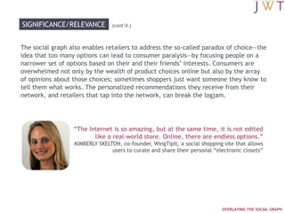(cont’d.)POTENTIALAt the same time, there’s a fair amount of healthy skepticism, with some questioning whether consumers would find shopping on Facebook to be a satisfying experience, regardless of how many hours they spend on it. More than eight in 10 American and British adults believe that Facebook is about socializing rather than shopping, according to our survey. Forrester analyst Sucharita Mulpuru notes that while F-commerce offers some value to niche retailers and those offering virtual goods (games, movies, etc.), it might not work as well for larger, mainstream retailers. She’s most in favor of F-commerce when it comes to “high-consideration goods” (consumer electronics, sporting goods and baby gear, for which peer-generated commentary can drive sales).“Facebook is theoretically well positioned to address something that the Internet has been notoriously bad at supporting: product discovery. But the key challenge is that Facebook is about socializing rather than shopping. … Facebook stores are unable to replicate the full brand experience of a company’s official website, which will limit the appetite of many retailers to even invest in Facebook stores.”—Analyst SUCHARITA MULPURU, “Will Facebook Ever Drive eCommerce?,” Forrester Research, April 7, 2011F-COMMERCE