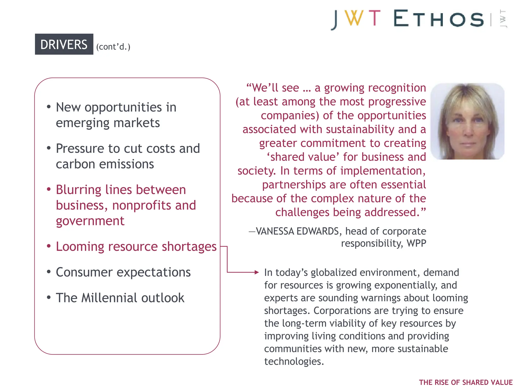 DRIVERS   (cont‘d.)



                                   ―We‘ll see … a growing recognition
                                (at least among the most progressive
• New opportunities in
                                      companies) of the opportunities
  emerging markets                associated with sustainability and a
                                     greater commitment to creating
• Pressure to cut costs and
                                       ‗shared value‘ for business and
  carbon emissions               society. In terms of implementation,
• Blurring lines between              partnerships are often essential
                               because of the complex nature of the
  business, nonprofits and
                                         challenges being addressed.‖
  government
                                  —VANESSA EDWARDS, head of corporate
• Looming resource shortages                       responsibility, WPP

• Consumer expectations              In today‘s globalized environment, demand
                                     for resources is growing exponentially, and
• The Millennial outlook             experts are sounding warnings about looming
                                     shortages. Corporations are trying to ensure
                                     the long-term viability of key resources by
                                     improving living conditions and providing
                                     communities with new, more sustainable
                                     technologies.
                                                                      THE RISE OF SHARED VALUE
 