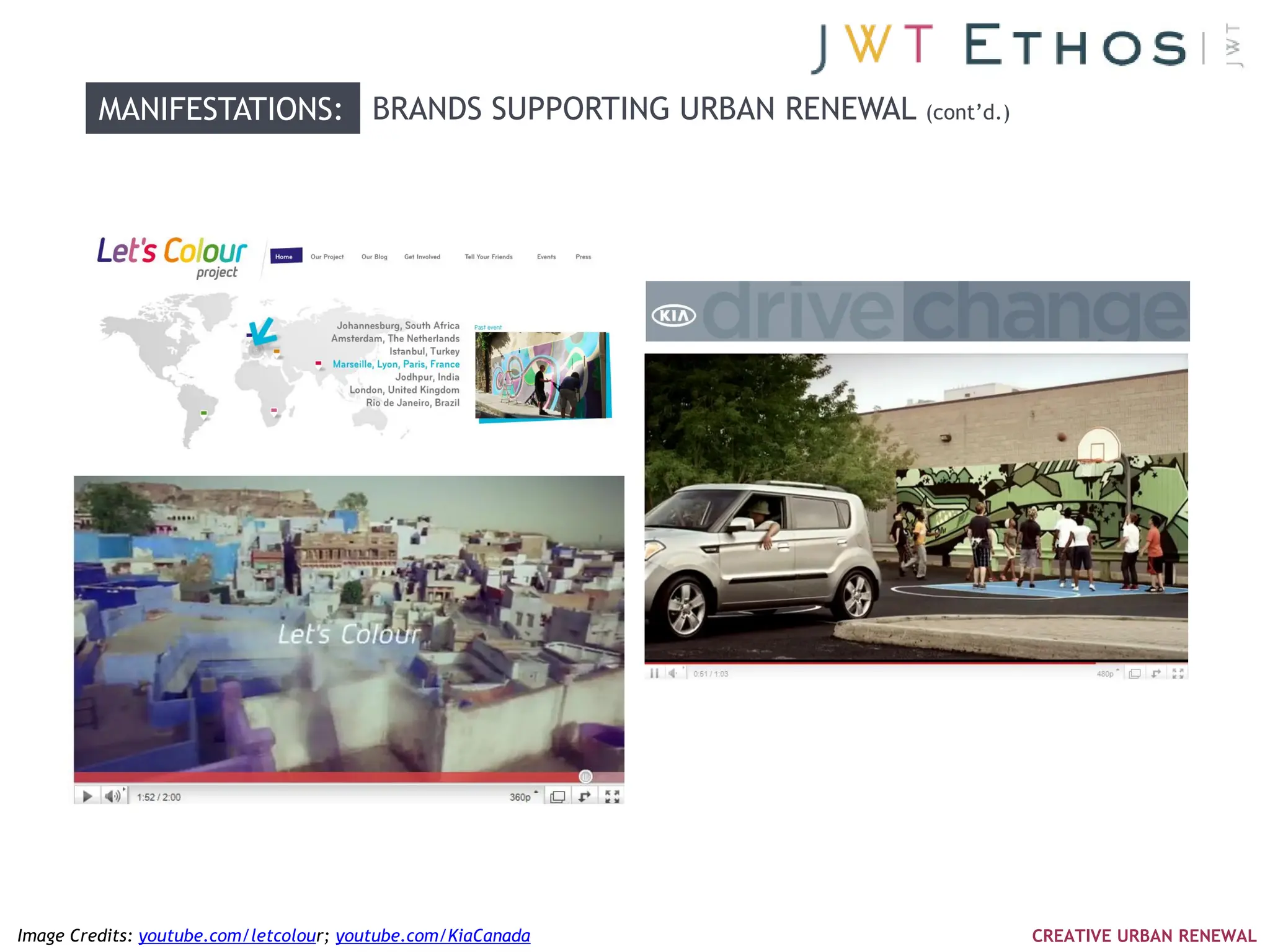 MANIFESTATIONS: BRANDS SUPPORTING URBAN RENEWAL (cont‘d.)




Image Credits: youtube.com/letcolour; youtube.com/KiaCanada          CREATIVE URBAN RENEWAL
 