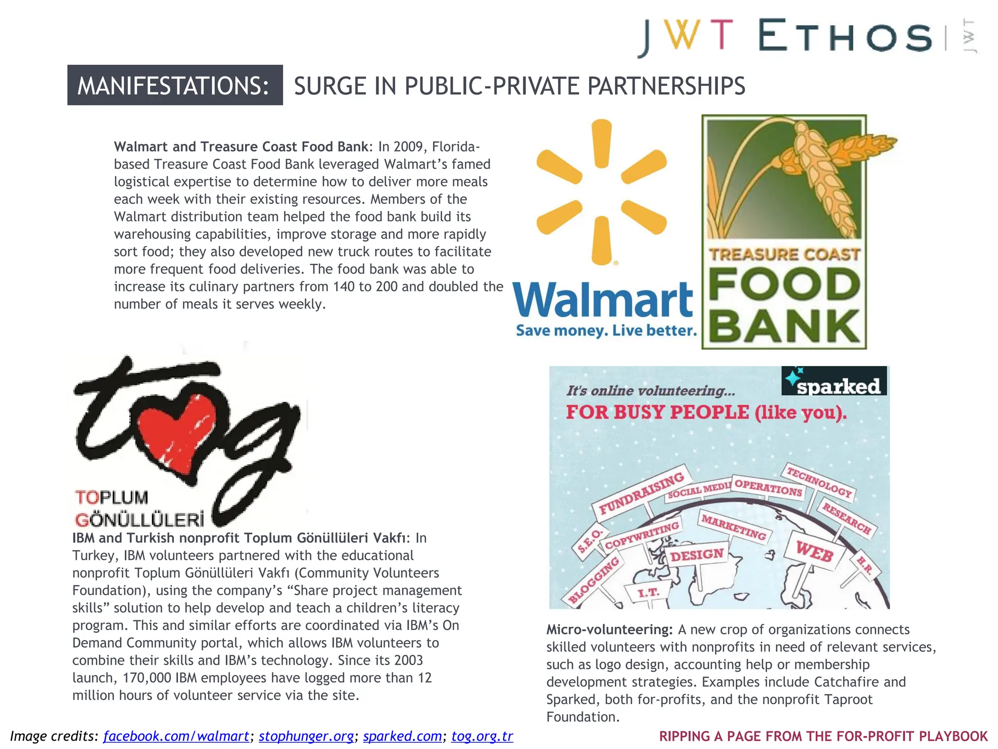 MANIFESTATIONS: SURGE IN PUBLIC-PRIVATE PARTNERSHIPS

               Walmart and Treasure Coast Food Bank: In 2009, Florida-
               based Treasure Coast Food Bank leveraged Walmart‘s famed
               logistical expertise to determine how to deliver more meals
               each week with their existing resources. Members of the
               Walmart distribution team helped the food bank build its
               warehousing capabilities, improve storage and more rapidly
               sort food; they also developed new truck routes to facilitate
               more frequent food deliveries. The food bank was able to
               increase its culinary partners from 140 to 200 and doubled the
               number of meals it serves weekly.




         IBM and Turkish nonprofit Toplum Gönüllüleri Vakfı: In
         Turkey, IBM volunteers partnered with the educational
         nonprofit Toplum Gönüllüleri Vakfı (Community Volunteers
         Foundation), using the company‘s ―Share project management
         skills‖ solution to help develop and teach a children‘s literacy
         program. This and similar efforts are coordinated via IBM‘s On         Micro-volunteering: A new crop of organizations connects
         Demand Community portal, which allows IBM volunteers to                skilled volunteers with nonprofits in need of relevant services,
         combine their skills and IBM‘s technology. Since its 2003              such as logo design, accounting help or membership
         launch, 170,000 IBM employees have logged more than 12                 development strategies. Examples include Catchafire and
         million hours of volunteer service via the site.                       Sparked, both for-profits, and the nonprofit Taproot
                                                                                Foundation.
Image credits: facebook.com/walmart; stophunger.org; sparked.com; tog.org.tr                       RIPPING A PAGE FROM THE FOR-PROFIT PLAYBOOK
 