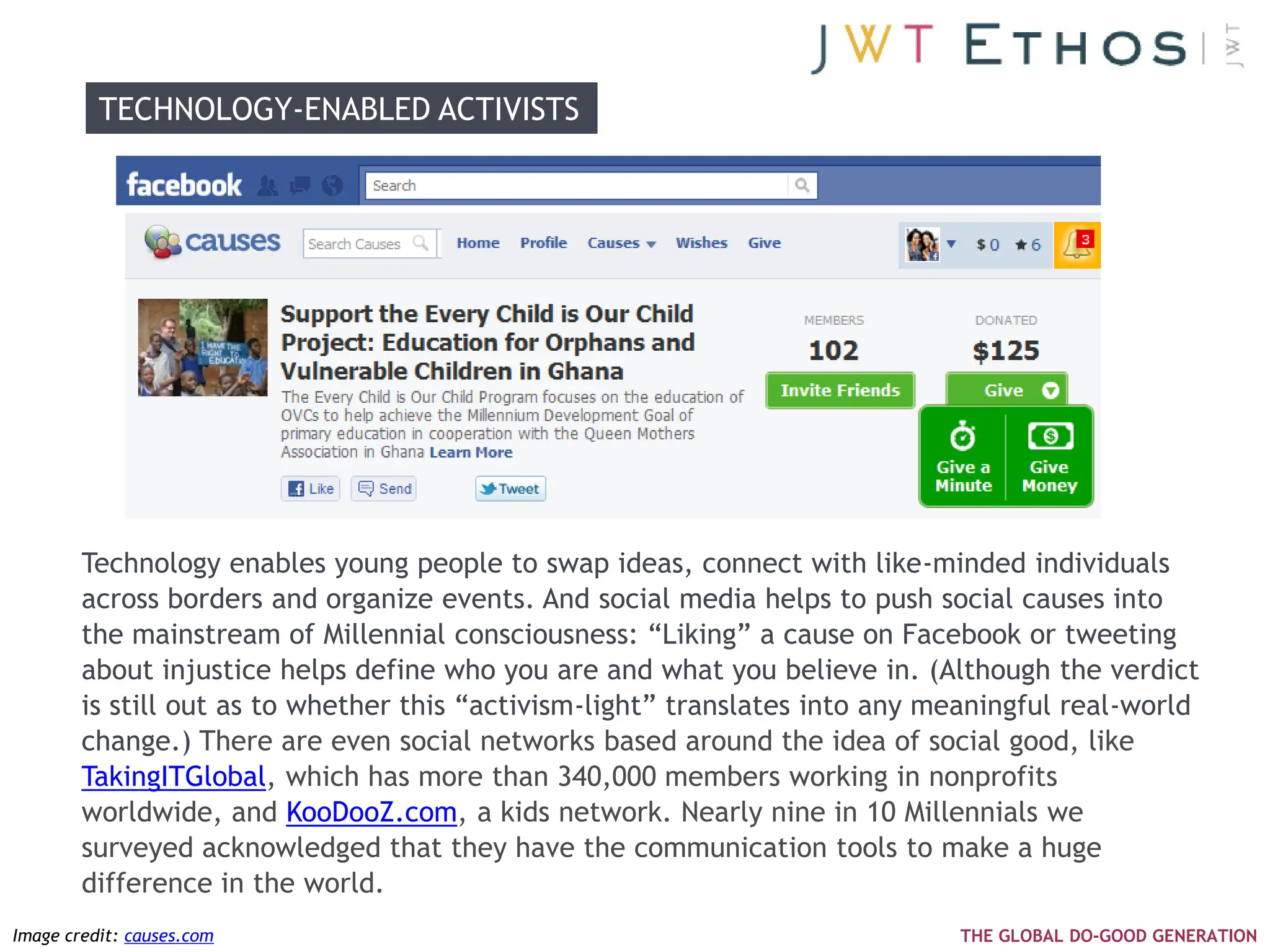 TECHNOLOGY-ENABLED ACTIVISTS




        Technology enables young people to swap ideas, connect with like-minded individuals
        across borders and organize events. And social media helps to push social causes into
        the mainstream of Millennial consciousness: ―Liking‖ a cause on Facebook or tweeting
        about injustice helps define who you are and what you believe in. (Although the verdict
        is still out as to whether this ―activism-light‖ translates into any meaningful real-world
        change.) There are even social networks based around the idea of social good, like
        TakingITGlobal, which has more than 340,000 members working in nonprofits
        worldwide, and KooDooZ.com, a kids network. Nearly nine in 10 Millennials we
        surveyed acknowledged that they have the communication tools to make a huge
        difference in the world.
Image credit: causes.com                                                      THE GLOBAL DO-GOOD GENERATION
 