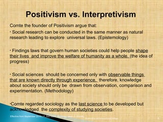 Effective from September 2015 | F_Soc USIC Sociology week 5 - Society
Positivism vs. Interpretivism
Comte the founder of Positivism argue that:
• Social research can be conducted in the same manner as natural
research leading to explore universal laws. (Epistemology)
• Findings laws that govern human societies could help people shape
their lives and improve the welfare of humanity as a whole. (the idea of
progress)
• Social sciences should be concerned only with observable things
that are known directly through experience, therefore, knowledge
about society should only be drawn from observation, comparison and
experimentation. (Methodology)
•Comte regarded sociology as the last science to be developed but
acknowledged the complexity of studying societies.
sheffield.ac.uk/international-college 4
 