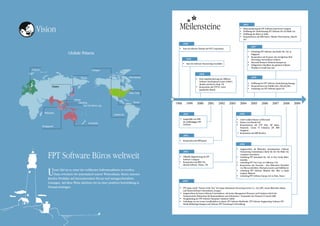 Vision                                                                                  Meilensteine                                                        •
                                                                                                                                                               •
                                                                                                                                                                   2004
                                                                                                                                                                   Börsennotierung als FPT Software Joint-Stock Company
                                                                                                                                                                   Eröffnung der Niederlassung FPT Software Ho Chi Minh City
                                                                                                                                                               •   Eröffnung des Büros in Tokio
                                                                                                                                                               •   Kooperationen mit IBM France, Mizuho Trust Systems, Hitachi
                                                                                                                                                                   Ltd.
                                                                                                1988
                                                                                                                                                                            2007
                                                                                           • Start als Software Division der FPT Corporation

                            Globale Präsenz                                                                                                                             • Gründung FPT Software Asia Pacific Pte. Ltd. in
                                                                                                                                                                          Singapore
                                                                                                                                                                        • Kooperation mit Neopost, das zweitgrösste Mail
                                                                                                   1999                                                                   Processing Unternehmen weltweit
                                                                                                                                                                        • Microsoft Business Solutions Kompetenz
                                                                                                • Start des Software Outsourcing Geschäftes
                                                                                                                                                                        • Erfolgreicher Abschluss des grössten Software
                                                                                                                                                                          Projektes in South East Asia
France                                           Oregon
                                                                                                                 2000
                                      Tokyo                                  Minnesota                                                                                      2005
                                                                                                              • Erste Implementierung des Offshore
                                                                                                                Software Development Center (OSDC)
                                                                                                                Models mit Harvey Nash, UK                              • Eröffnung der FPT Software Niederlassung Danang
                Osaka                                                                                         • Kooperation mit NTT-IT, erster                          • Kooperationen mit Toshiba Joho, Hitachi Joho
                                                                                                                Japanischer Kunde                                       • Gründung von FPT Software Japan Ltd.
                                                                             New York

                                 Hanoi
                                                                                Texas
                                    Danang                                               1988      1999        2000        2001        2002        2003        2004         2005        2006        2007        2008        2009
                                       Ho Chi Minh city

          Malaysia                                                                              2001                                                           2006
                                                                California
                                                                                           • Ausgewählt von IBM                                            • Gold Certified Partner of Microsoft
                                                                                             als unabhängiger SW-                                          • Partner von Hitachi Soft
                                              Australia
                                                                                             Lieferant                                                     • Kooperationen mit NTT Data, HP Japan,
         Singapore
                                                                                                                                                             Panasonic, Canon IT Solutions, JIP, IBM
                                                                                                                                                             Singapore
                                                                                                                                                           • Kooperation mit IBM Benelux
                                                                                                2002
                                                                                           • Kooperation mit IBM Japan
                                                                                                                                                               2008
                                                                                                                                                           • Ausgezeichnet als führendes vietnamesiches Software


             FPT Software Büros weltweit
                                                                                                2003                                                         Outsourcing Unternehmen durch die Ho Chi Minh City
                                                                                                                                                             Computer Association
                                                                                           • Offizielle Registrierung als FPT                              • Gründung FPT Australasia Pty. Ltd. in New South Wales,
                                                                                             Software Company                                                Australia
                                                                                           • Kooperation mit IBM USA,                                      • Gründung FPT USA Corp. in California, USA
                                                                                             Hitachi Software, Nissen, TIS                                 • Kooperation mit Freescale - dem führenden Hersteller


             U
                                                                                                                                                             von Microcontrollern, Microprocessoren and Halbleitern
                  nser Ziel ist es, einer der weltbesten Softwareanbieter zu werden.                                                                       • Gründung FPT Software Malaysia Sdn. Bhd. in Kuala
                  Dazu erweitern wir systematisch unsere Wissensbasis, bieten unseren                                                                        Lumpur, Malaysia
                                                                                                                                                           • Gründung FPT Software Europe Ltd. in Paris, France
             Kunden Produkte auf internationalem Niveau und massgeschneiderte
                                                                                                2009
             Lösungen. Auf diese Weise möchten wir zu einer positiven Entwicklung in
             Vietnam beitragen.                                                            • FPT Japan wurde “Partner of the Year” der Japan Information Processing Service Co., Ltd ( JIP), einem führenden Aktien-
                                                                                             und Finanz-Software-Unternehmen in Japan.
                                                                                           • Ausgezeichnet als bestes Software-Unternehmen, mit besten Management Prozessen und Umsätzen durch das
                                                                                             Vietnamesische Ministerium für Kommunikation und Information - Veranstalter des Vietnam ICT Award 2008
                                                                                           • Neugründung der FPT Software Enterprise Solutions GmbH
                                                                                           • Gründung von vier neuen Gesellschaften in Hanoi: FPT Software Worldwide, FPT Software Engineering, Software FPT
                                                                                             Direkt-Marketing-Lösungen und Software FPT Forschung & Entwicklung
 