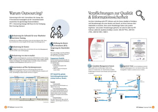 Warum Outsourcing?                                                                                                                          Verpflichtungen zur Qualität
       Outsourcing ist für viele Unternehmen die Lösung, ihre
       IT-Investitionen bestmöglich auf die Unternehmensziele
                                                                                                                                                   & Informationssicherheit
       auszurichten bei gleichzeitiger Kostenreduktion.                                                                                            Seit ihrer Gründung strebt FPT Software nach der besten Qualität in Produkten
       FPT´s Outsourcing Strategie hilft Ihnen bei der Festlegung                                                                                  und Dienstleistungen für seine Kunden und danach, im besten Interesse ihrer
       Ihrer Sourcing Optionen:                                                                                                                    Stakeholder zu handeln. Diese unsere Bemühungen haben viele positive
                                                                                                                                                   Ergebnisse und positive Veränderungen gebracht. Im Laufe der Jahre hat FPT
                                                                                                                                                   Software zahlreiche Qualitäts-Zertifikate erreicht: 2002 BS7799-2; 2005 ISO
                                                                                                                                                   27001; 2008 ISO 9001, CMMI 5.


       1    Reduzierung des Aufwands für neue Mitarbeiter
            und deren Training.
       FPT bildet für Sie ein Offshore Development Center mit einem dedizierten Team. Dieses



                                                                                                   5
       Team entwickelt sich zu einem integralen Teil Ihrer eigenen Entwicklunsgresourcen.
                                                                                                       Erhöhung des Return
                                                                                                       on Investment (ROI) -
       2    Reduzierung der Kosten
             Im Vergleich zu den lokalen Kosten sind die Kosten für einen Entwicklungsingenieur
       vvon FPT im OSDC Center deutlich günstiger.
                                                                                                   Steigerung des Shareholder
                                                                                                   Value
                                                                                                   Dies ist der wichtigste Grund für die Bildung



       3
                                                                                                   einer langfristigen Beziehung auf Basis des
            Reduzierung von time-to-market                                                         FPT OSDC Development Models.
             FPT Software-Entwicklungszentren, mit mehr als 3.000 Mitarbeitern in Hanoi, Danang    Engagement Modelle
       und Ho Chi Minh City (Saigon) sowie Auslandsniederlassungen in Japan, Singapur, Malaysia,   Wir bieten flexible Kooperationsmodelle zur
       Thailand, den Philippinen, den Vereinigten Staaten von Amerika, Europa und Australien,      Abdeckung Ihrer differenzierten Bedürfnisse
       ermöglichen Entwicklungsarbeiten rund um die Uhr (24 x 7).                                  und Anforderungen:
                                                                                                       • Projekt basiert
                                                                                                                                                   Unser Qualitäts-Management-System                                  Management Suite ist eine Sammlung von internen
       4
                                                                                                       • Aufwands basiert gemäss Time
            Konzentration auf Ihre Kernkompetenzen                                                        & Material
                                                                                                                                                   arbeitet gemäss diesen Zertifizierungen. Darüber hinaus            Tools für Projektmanagement, die es den Kunden erlauben, über
                                                                                                       • Offshore Software Development
             Die Konzentrierung Ihrer Ressourcen auf Ihr Kerngeschäft und Ihre Kern-                      Center (OSDC)                            arbeiten wir weiterhin daran, die weltweit höchsten Qualitäts-     Fernzugriff ihre Projekte zu monitoren und zu verwalten.
       Kompetenzen ermöglicht Ihnen, sich besser an die Geschäftserfordernisse anzupassen und                                                      Zertifizierungen im Interesse unserer Kunden auf der ganzen Welt
       auf die Entwicklungen im Markt schneller und besser zu reagieren.
                                                                                                                                                   zu erreichen.
                                                                                                   FPT Modell für globale
                                                                                                   Entwicklungskooperation
                                                                                                   (Global Delivery Model)

                                                                                                   Vorteile:
                                                                                                        • Kostenvorteile
                                                                                                   Kostensparende Vorteile für Kunden von
                                                                                                   Offshore-Outsourcing
                                                                                                         • Keine Kommunikationslücke
                                                                                                   Unser Onsite Team beim Kunden vor Ort
                                                                                                   ist in direktem Kontakt mit dem Kunden.
                                                                                                   Dadurch stellen wir sicher, dass keine
                                                                                                   Bedürfnisse des Kunden missverstanden
                                                                                                   werden.
                                                                                                       •Schnelle Reaktion
                                                                                                   Das onsite Team ist in der Lage, rasch auf
                                                                                                   veränderte Anforderungen des Kunden zu
                                                                                                   reagieren.



8   FPT Software Corporate Profile                                                                                                                                                                                                                       FPT Software Corporate Profile   9
 