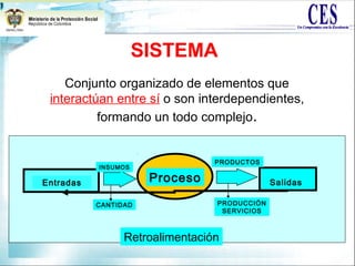 Conjunto organizado de elementos que
interactúan entre sí o son interdependientes,
formando un todo complejo.
SISTEMA
Entradas Salidas
INSUMOS
CANTIDAD PRODUCCIÓN
SERVICIOS
PRODUCTOS
Proceso
Retroalimentación
 