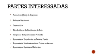 PARTES INTERESSADAS
⬩ Fazendeiro (Dono da Empresa)
⬩ Biólogos/Agrônomo
⬩ Consumidor
⬩ Distribuidoras de Fertilizante de Solo
⬩ Empresas de Agrotóxicos e Pesticida
⬩ Empresas de Tecnologias na Área de Plantio
⬩ Empresas de Monitoramento de Pragas na Lavoura
⬩ Empresas de Business e Marketing
 