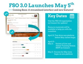  
FSO 3.0 Launches May 5th
>>> Coming Soon: A streamlined interface and new features!
Visit the FSO 3.0 organization
on Connect for updates!
Resource materials will be
available to help you with the
transition.
April 21: Test drive new platform
before May classes begin
April 21 -
May 6: Variety of Live and
Online Training Demos;
RSVP on Connect
May 5: Courses for May term
begin on new platform
Key Dates
2.8
3.0
 