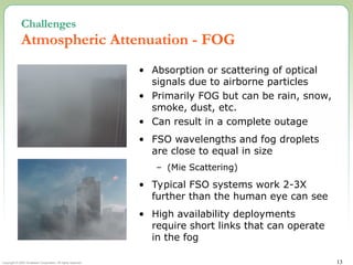 Copyright © 2002 Terabeam Corporation. All rights reserved. 13
Challenges
Atmospheric Attenuation - FOG
• Absorption or scattering of optical
signals due to airborne particles
• Primarily FOG but can be rain, snow,
smoke, dust, etc.
• Can result in a complete outage
• FSO wavelengths and fog droplets
are close to equal in size
– (Mie Scattering)
• Typical FSO systems work 2-3X
further than the human eye can see
• High availability deployments
require short links that can operate
in the fog
 