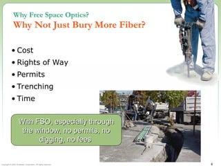 Copyright © 2002 Terabeam Corporation. All rights reserved. 4
Why Free Space Optics?
Why Not Just Bury More Fiber?
• Cost
• Rights of Way
• Permits
• Trenching
• Time
With FSO, especially through
With FSO, especially through
the window, no permits, no
the window, no permits, no
digging, no fees
digging, no fees
 