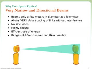 Copyright © 2002 Terabeam Corporation. All rights reserved. 7
• Beams only a few meters in diameter at a kilometer
• Allows VERY close spacing of links without interference
• No side lobes
• Highly secure
• Efficient use of energy
• Ranges of 20m to more than 8km possible
Why Free Space Optics?
Very Narrow and Directional Beams
 